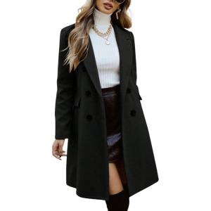 imagechouyatou Womens Double Breasted Wool Coat Business Casual Mid Long Trench Pea Coat Notched Lapel Blazer JacketBlack