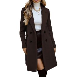 imagechouyatou Womens Double Breasted Wool Coat Business Casual Mid Long Trench Pea Coat Notched Lapel Blazer JacketCoffee