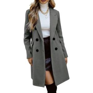 imagechouyatou Womens Double Breasted Wool Coat Business Casual Mid Long Trench Pea Coat Notched Lapel Blazer JacketGray