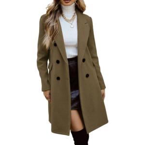 imagechouyatou Womens Double Breasted Wool Coat Business Casual Mid Long Trench Pea Coat Notched Lapel Blazer JacketGreen
