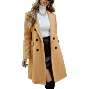 imagechouyatou Womens Double Breasted Wool Coat Business Casual Mid Long Trench Pea Coat Notched Lapel Blazer JacketKhaki