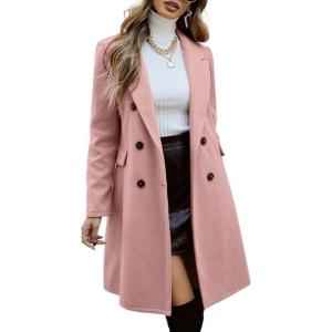 imagechouyatou Womens Double Breasted Wool Coat Business Casual Mid Long Trench Pea Coat Notched Lapel Blazer JacketPink