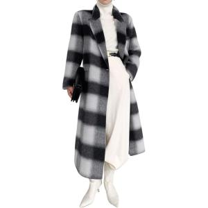 imagechouyatou Womens Elegant Plaid Wool Long Pea Coat Double Breasted Lapel Blazer Trench Coat Overcoat with PocketsBlack