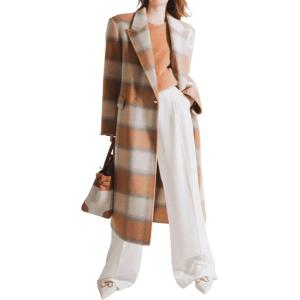 imagechouyatou Womens Elegant Plaid Wool Long Pea Coat Double Breasted Lapel Blazer Trench Coat Overcoat with PocketsCaramel