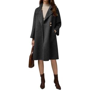 imagechouyatou Womens Fall Winter Elegant Wool Coat Button Down Business Casual Midi Long Pea Coat with PocketsDark Grey