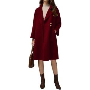 imagechouyatou Womens Fall Winter Elegant Wool Coat Button Down Business Casual Midi Long Pea Coat with PocketsRed