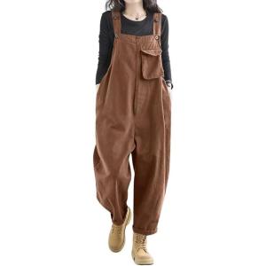imagechouyatou Womens Loose Adjustable Strap Barrel Overalls Business Casual Jumpsuits Cargo Pant with PocketsBrown