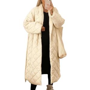 imagechouyatou Womens Oversized Quilted Down Coat Winter Casual Belted Midi Long Puffer Jacket Wrap CoatBeige