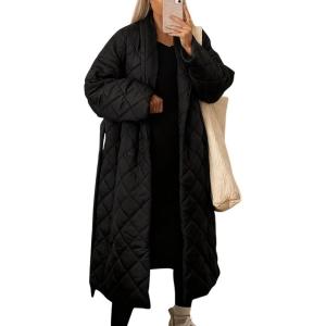 imagechouyatou Womens Oversized Quilted Down Coat Winter Casual Belted Midi Long Puffer Jacket Wrap CoatBlack