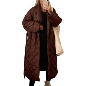imagechouyatou Womens Oversized Quilted Down Coat Winter Casual Belted Midi Long Puffer Jacket Wrap CoatCoffee