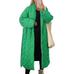 imagechouyatou Womens Oversized Quilted Down Coat Winter Casual Belted Midi Long Puffer Jacket Wrap CoatGreen