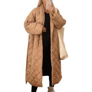 imagechouyatou Womens Oversized Quilted Down Coat Winter Casual Belted Midi Long Puffer Jacket Wrap CoatKhaki