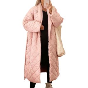 imagechouyatou Womens Oversized Quilted Down Coat Winter Casual Belted Midi Long Puffer Jacket Wrap CoatPink