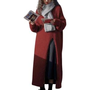 imagechouyatou Womens Sexy High Slit Long Sweaters Casual Crewneck Slouchy Tunic Sweater Pullover Knit Jumper TopsDark Red