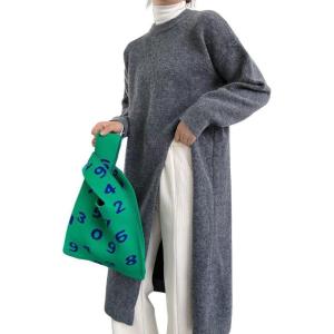 imagechouyatou Womens Sexy High Slit Long Sweaters Casual Crewneck Slouchy Tunic Sweater Pullover Knit Jumper TopsGray