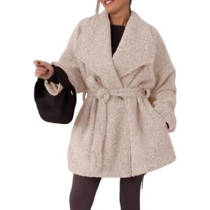 imagechouyatou Womens Shaw Collar Belted Winter Wool Coat Double Breasted Fuzzy Midi Long Wool Peacoat OvercoatApricot