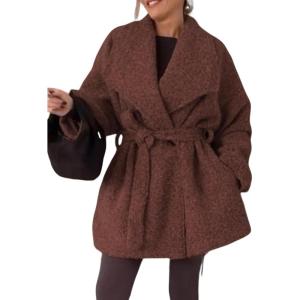 imagechouyatou Womens Shaw Collar Belted Winter Wool Coat Double Breasted Fuzzy Midi Long Wool Peacoat OvercoatBrown
