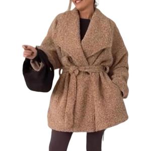 imagechouyatou Womens Shaw Collar Belted Winter Wool Coat Double Breasted Fuzzy Midi Long Wool Peacoat OvercoatCamel