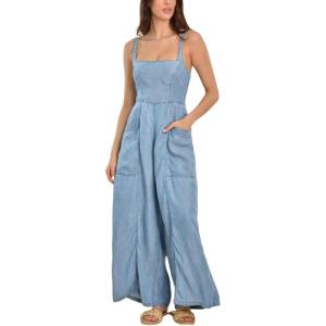 imagechouyatou Womens Summer Casual Wide Leg Denim Bib Overalls Jeans Loose Smocked Back Denim JumpsuitsLight Blue