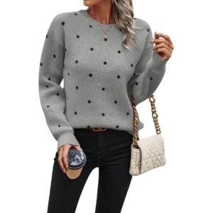 imagechouyatou Womens Vintage Polka Dot Sweater Top Fall Casual Crewneck Pullover Knitted Jumper TopsGray