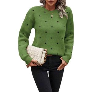 imagechouyatou Womens Vintage Polka Dot Sweater Top Fall Casual Crewneck Pullover Knitted Jumper TopsGreen