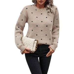 imagechouyatou Womens Vintage Polka Dot Sweater Top Fall Casual Crewneck Pullover Knitted Jumper TopsKhaki