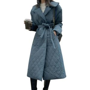 imagechouyatou Womens Winter Double Breasted Quilted Down Coat Notch Lapel Midi Long Puffer Jacket Overcoat with BeltBlue