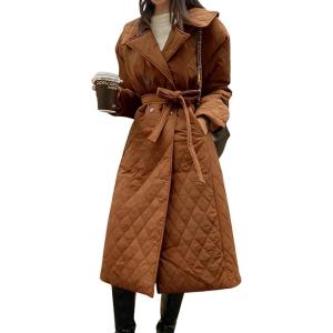 imagechouyatou Womens Winter Double Breasted Quilted Down Coat Notch Lapel Midi Long Puffer Jacket Overcoat with BeltBrown