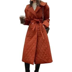 imagechouyatou Womens Winter Double Breasted Quilted Down Coat Notch Lapel Midi Long Puffer Jacket Overcoat with BeltCaramel