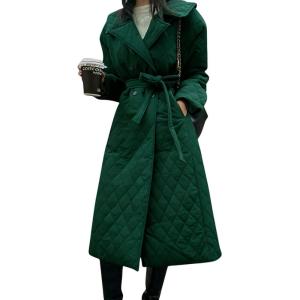 imagechouyatou Womens Winter Double Breasted Quilted Down Coat Notch Lapel Midi Long Puffer Jacket Overcoat with BeltGreen