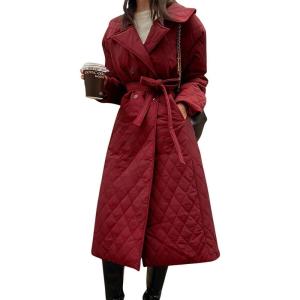 imagechouyatou Womens Winter Double Breasted Quilted Down Coat Notch Lapel Midi Long Puffer Jacket Overcoat with BeltRed