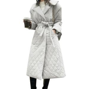 imagechouyatou Womens Winter Double Breasted Quilted Down Coat Notch Lapel Midi Long Puffer Jacket Overcoat with BeltWhite