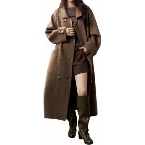 imagechouyatou Womens Winter Double Breasted Wool Coat Business Casual Midi Long Winter Dressy PeacoatBrown