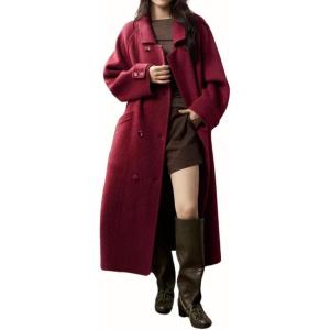 imagechouyatou Womens Winter Double Breasted Wool Coat Business Casual Midi Long Winter Dressy PeacoatRed