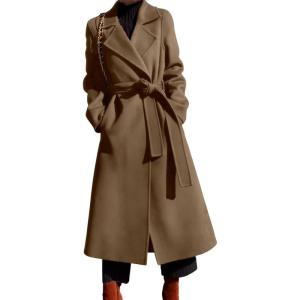imagechouyatou Womens Winter Lapel Collar Wool Coat Open Front Belted Midi Long Overcoat Trench Pea CoatBrown