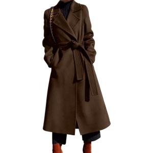 imagechouyatou Womens Winter Lapel Collar Wool Coat Open Front Belted Midi Long Overcoat Trench Pea CoatCoffee
