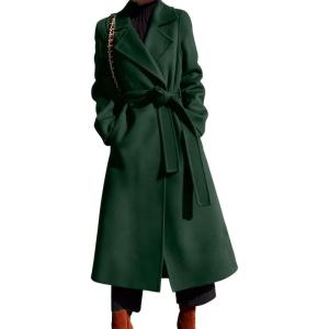 imagechouyatou Womens Winter Lapel Collar Wool Coat Open Front Belted Midi Long Overcoat Trench Pea CoatGreen
