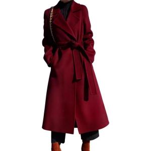 imagechouyatou Womens Winter Lapel Collar Wool Coat Open Front Belted Midi Long Overcoat Trench Pea CoatRed