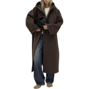 imagechouyatou Womens Winter Wool Trench Coat Single Breasted Warm Long Overcoat Jacket Coat with HoodBrown