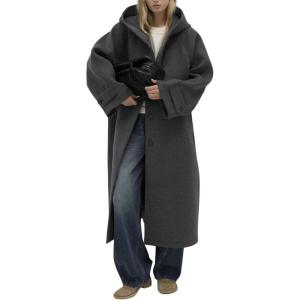 imagechouyatou Womens Winter Wool Trench Coat Single Breasted Warm Long Overcoat Jacket Coat with HoodGrey