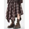 imagechouyatou Women 2025 Fall ALine Pleated Midi Long Plaid Skirt Casual Handkerchief Hem Flare Skater SkirtBrown