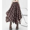 imagechouyatou Women 2025 Fall ALine Pleated Midi Long Plaid Skirt Casual Handkerchief Hem Flare Skater SkirtBrown