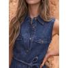 imagechouyatou Womens Summer Button Down Denim Shirt Dress Business Casual Belted Sleeveless Midi Long Jean DressDark Blue