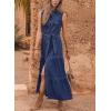 imagechouyatou Womens Summer Button Down Denim Shirt Dress Business Casual Belted Sleeveless Midi Long Jean DressDark Blue