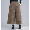 imagechouyatou Womens Winter Wool Plaid Wide Leg Cropped Pants Elastic Waist Wool Blend Capri Pants with PocketsCoffee