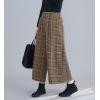 imagechouyatou Womens Winter Wool Plaid Wide Leg Cropped Pants Elastic Waist Wool Blend Capri Pants with PocketsCoffee