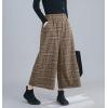 imagechouyatou Womens Winter Wool Plaid Wide Leg Cropped Pants Elastic Waist Wool Blend Capri Pants with PocketsCoffee