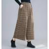 imagechouyatou Womens Winter Wool Plaid Wide Leg Cropped Pants Elastic Waist Wool Blend Capri Pants with PocketsCoffee