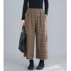imagechouyatou Womens Winter Wool Plaid Wide Leg Cropped Pants Elastic Waist Wool Blend Capri Pants with PocketsCoffee