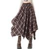 imagechouyatou Women 2025 Fall ALine Pleated Midi Long Plaid Skirt Casual Handkerchief Hem Flare Skater SkirtBrown